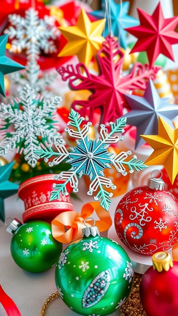 Colorful 3D Christmas decorations including snowflakes, stars, and ornaments on a festive table.